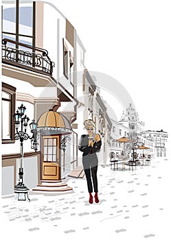 Series of the street cafes with people, men and women, in the old city, vector illustration. Girls drinking coffee.
